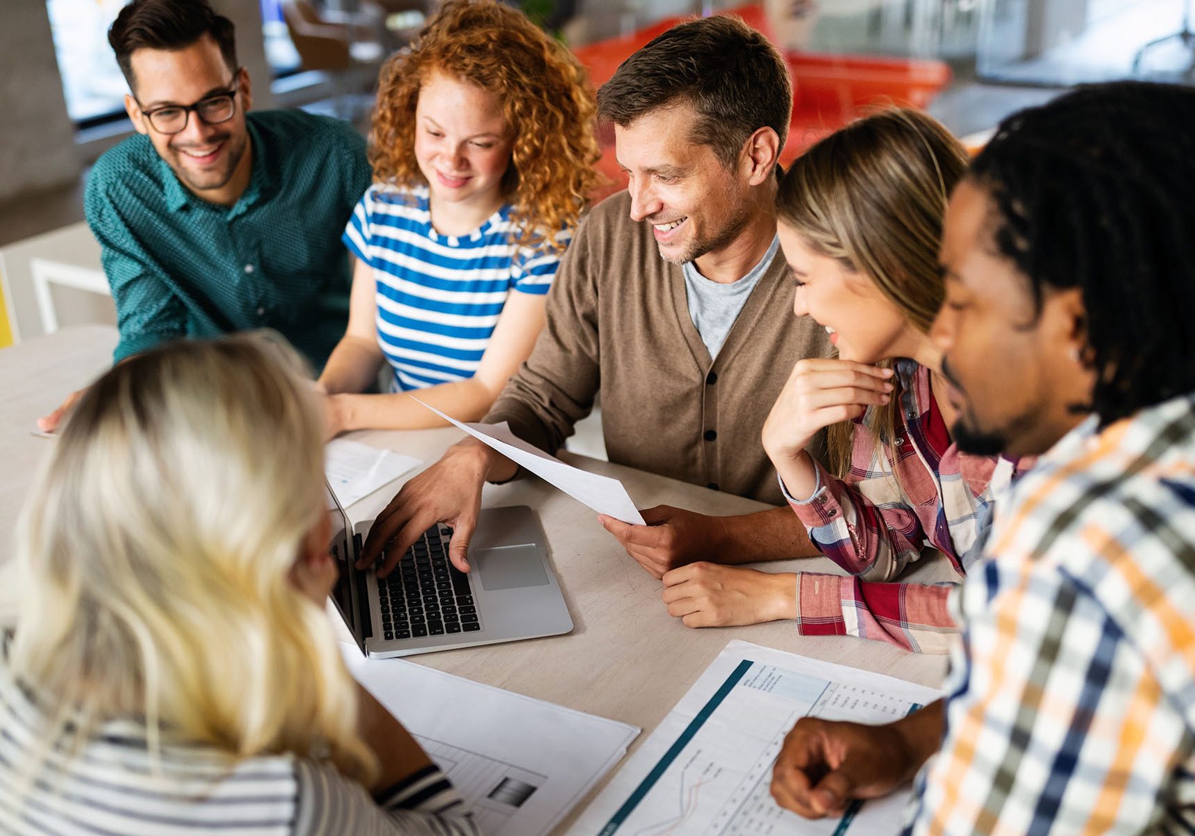 Successful company with happy employees colleagues in modern office